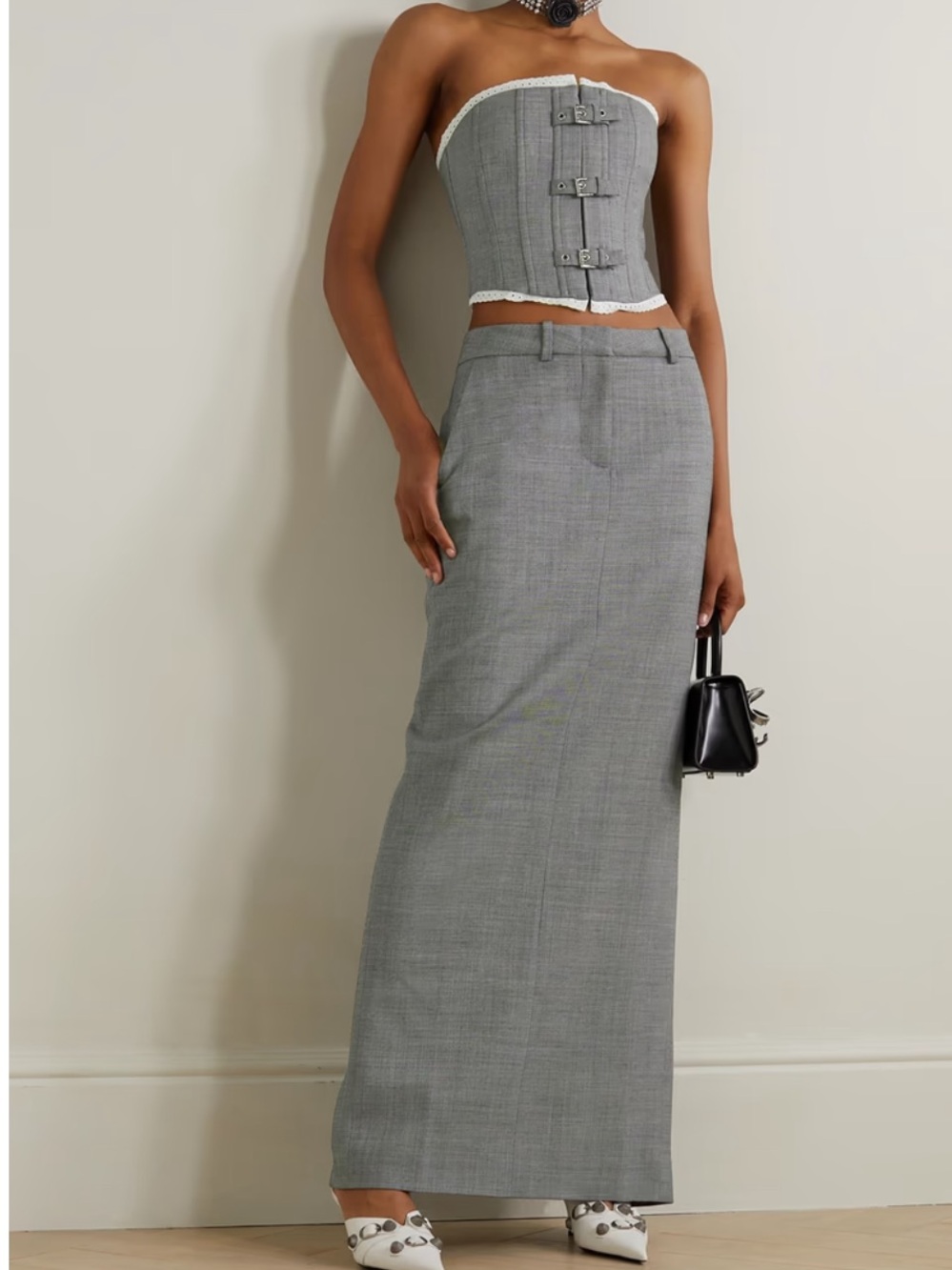 Alessandra Rich Gray Maxi Pencil Skirt in Tailored Wool Blend